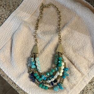 Gold-Tone Multi-Strand Aqua & Turquoise colored Bead Necklace